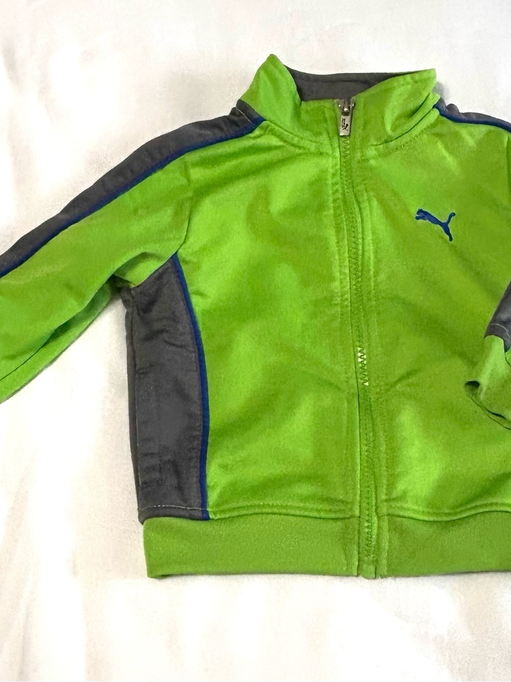 12 month Puma Neon Green Zip-Up Track Jacket with Gray & Blue Accents & Pockets